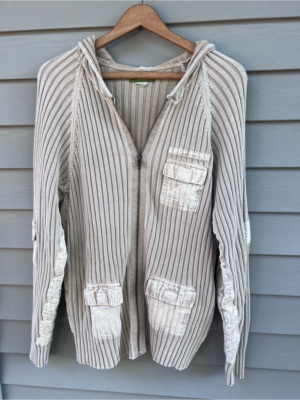 Vintage PULP Light Taupe Ribbed Hoodie Sweater with Patch Pockets - Sz. U